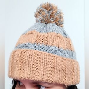 Cozy Hand  Knitted Pom-Pom Beanie for Kids, Women, Men - Tan and Gray